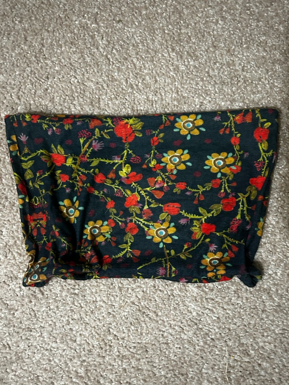 Black Floral Strapless Crop Top with Red & Yellow Blooms